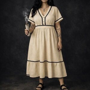 Emery Rose Cream Midi Dress XL | Ric Rac Trim | Cottagecore Witchy